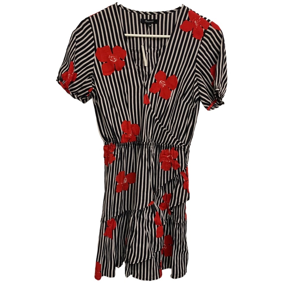 Madewell Candied Orchid Floral Wrap Dress Ruffle Hem Striped Size 2 NWT - Picture 2 of 11